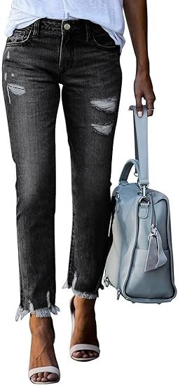 Women's high-waisted elastic ripped slim straight-leg nine-point jeans