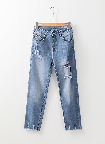 Women's high-waisted elastic ripped slim straight-leg nine-point jeans