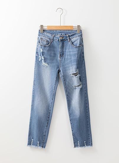 Women's high-waisted elastic ripped slim straight-leg nine-point jeans