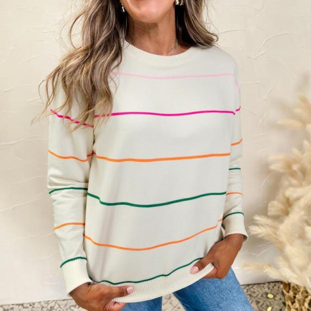Women's Striped Sweater Cozy Soft Ribbed Knit Crew Neck Long Sleeve(BUY 2 FREE SHIPPING)