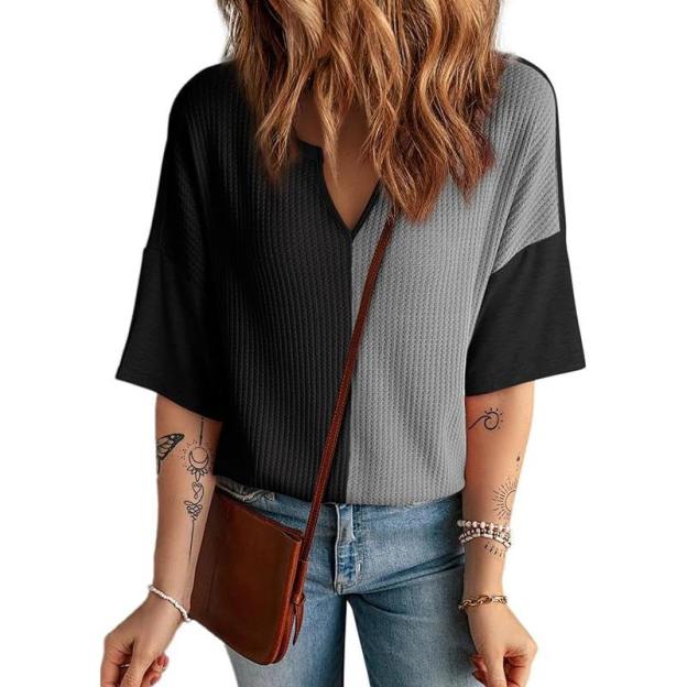 2025 Half Sleeve Fluffy Touch Waffle Knit Shirts Casual V Neck Colorblock Patchwork Blouse