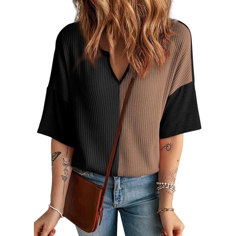 2025 Half Sleeve Fluffy Touch Waffle Knit Shirts Casual V Neck Colorblock Patchwork Blouse