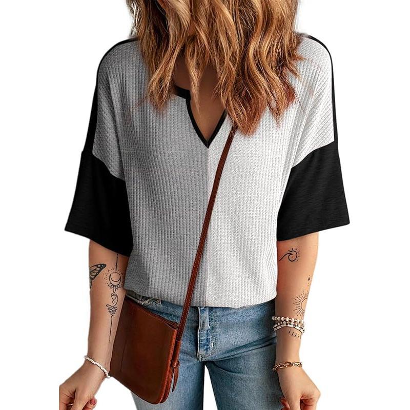 2025 Half Sleeve Fluffy Touch Waffle Knit Shirts Casual V Neck Colorblock Patchwork Blouse