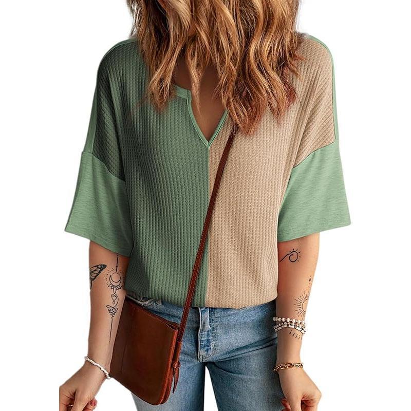2025 Half Sleeve Fluffy Touch Waffle Knit Shirts Casual V Neck Colorblock Patchwork Blouse