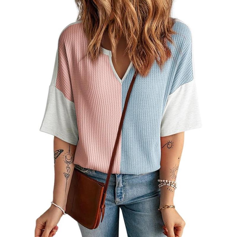 2025 Half Sleeve Fluffy Touch Waffle Knit Shirts Casual V Neck Colorblock Patchwork Blouse