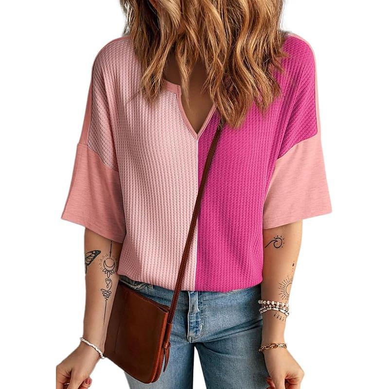 2025 Half Sleeve Fluffy Touch Waffle Knit Shirts Casual V Neck Colorblock Patchwork Blouse