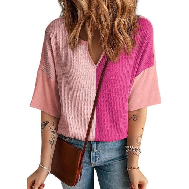 2025 Half Sleeve Fluffy Touch Waffle Knit Shirts Casual V Neck Colorblock Patchwork Blouse