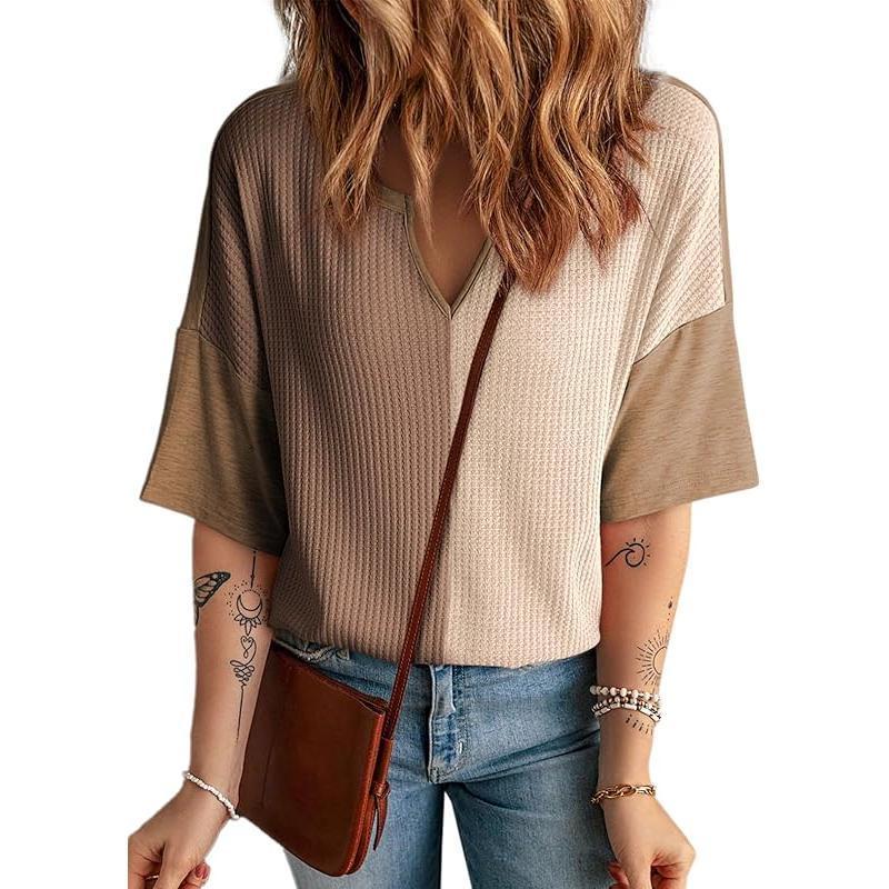 2025 Half Sleeve Fluffy Touch Waffle Knit Shirts Casual V Neck Colorblock Patchwork Blouse