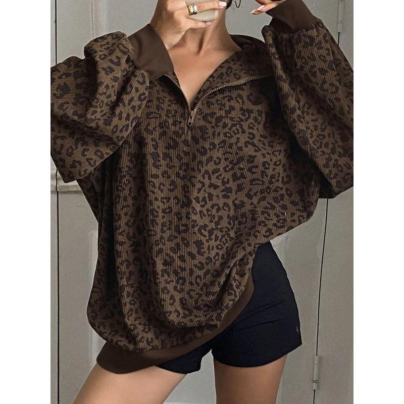 Women's Casual Leopard Print Zip-Up Hoodie, Lady Comfortable and Stylish for Fall and Winter（buy 2 fee shipping)