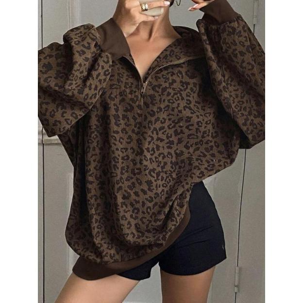 Women's Casual Leopard Print Zip-Up Hoodie, Lady Comfortable and Stylish for Fall and Winter（buy 2 fee shipping)