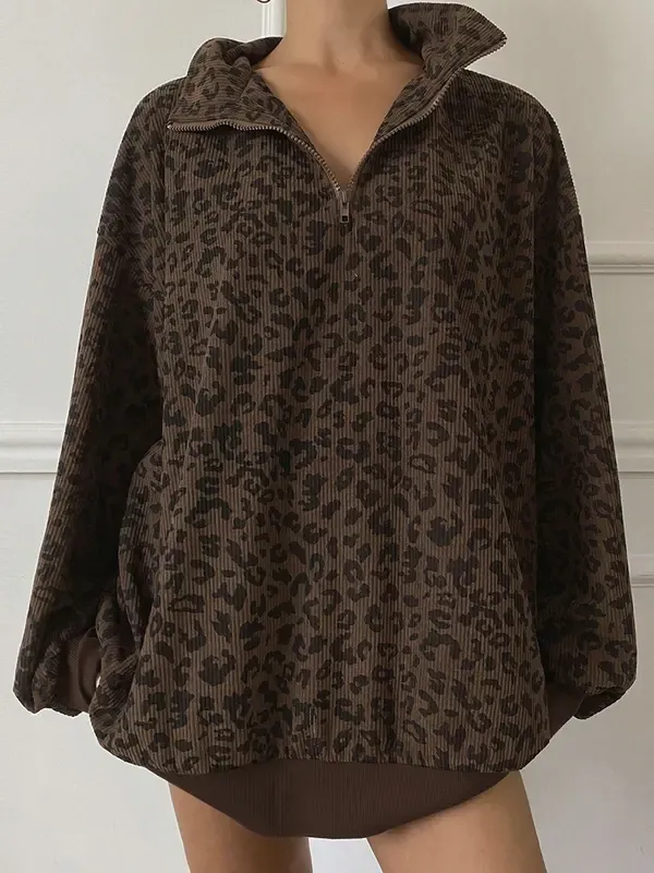 Women's Casual Leopard Print Zip-Up Hoodie, Lady Comfortable and Stylish for Fall and Winter（buy 2 fee shipping)
