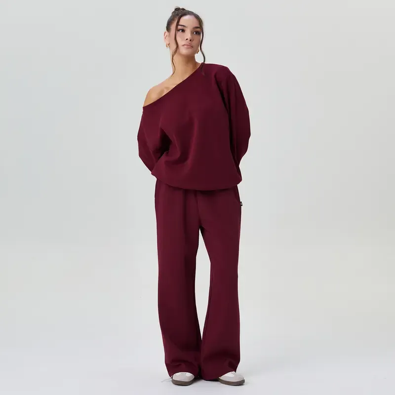 Women's Leisure Solid Color Sloping Shoulder Long Sleeve Top & Wide Leg Trousers Co-ord, Cozy Scoop Neck Loose Two Piece Outfits