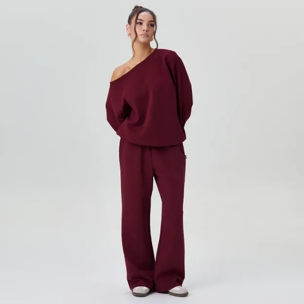 Women's Leisure Solid Color Sloping Shoulder Long Sleeve Top & Wide Leg Trousers Co-ord, Cozy Scoop Neck Loose Two Piece Outfits