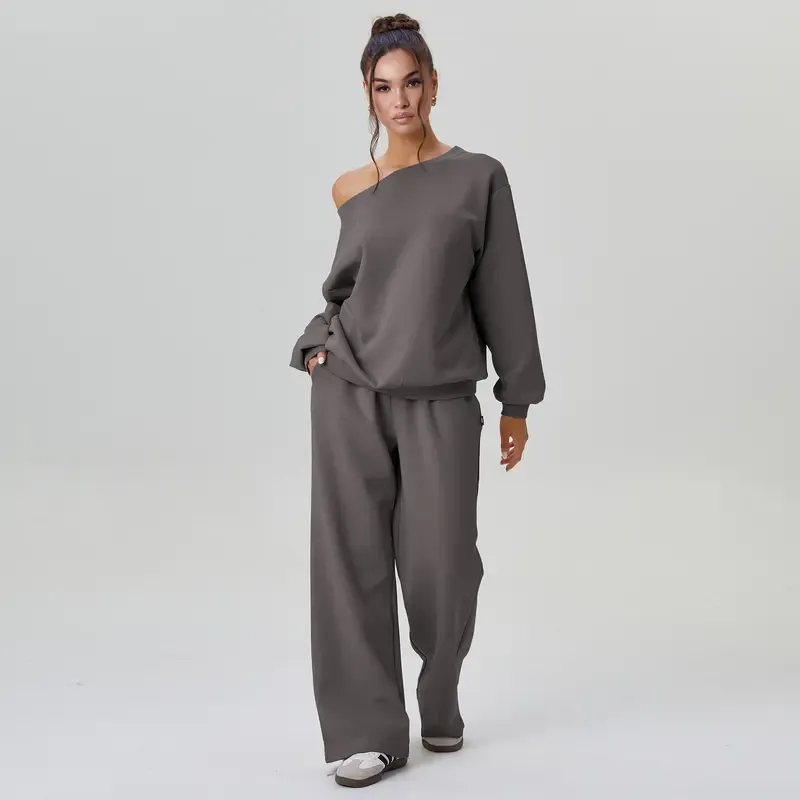 Women's Leisure Solid Color Sloping Shoulder Long Sleeve Top & Wide Leg Trousers Co-ord, Cozy Scoop Neck Loose Two Piece Outfits