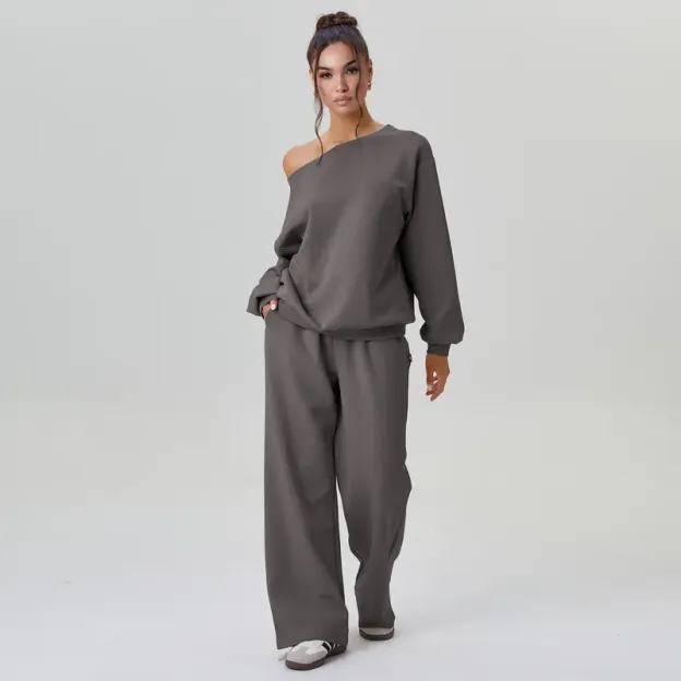 Women's Leisure Solid Color Sloping Shoulder Long Sleeve Top & Wide Leg Trousers Co-ord, Cozy Scoop Neck Loose Two Piece Outfits