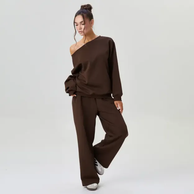 Women's Leisure Solid Color Sloping Shoulder Long Sleeve Top & Wide Leg Trousers Co-ord, Cozy Scoop Neck Loose Two Piece Outfits