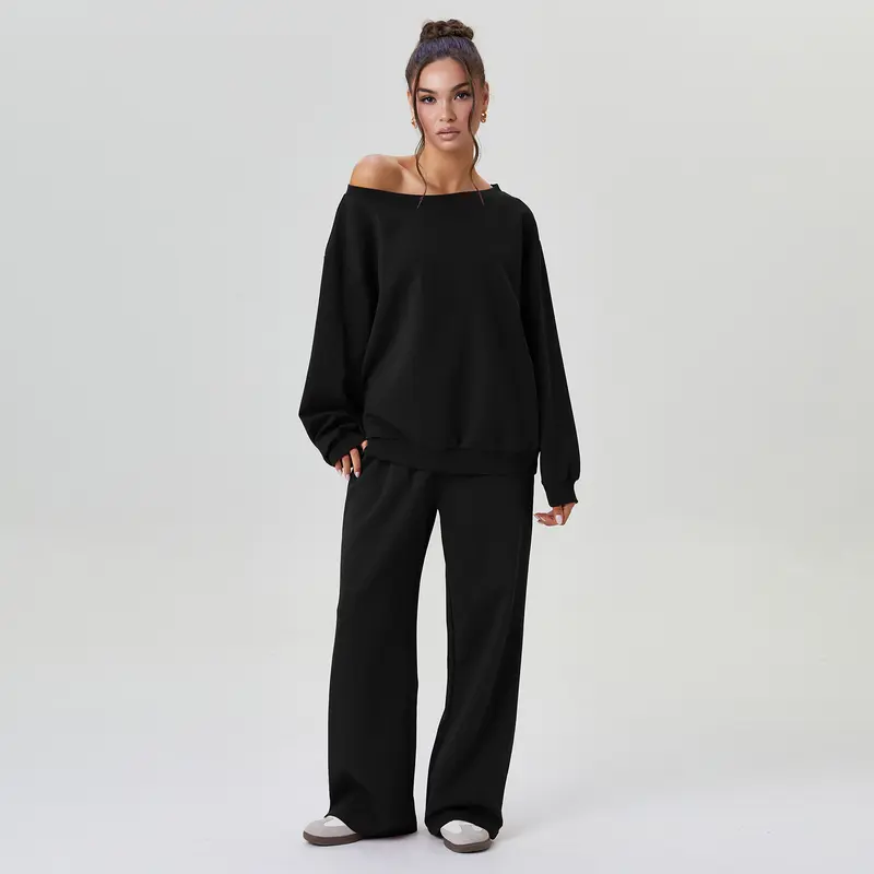 Women's Leisure Solid Color Sloping Shoulder Long Sleeve Top & Wide Leg Trousers Co-ord, Cozy Scoop Neck Loose Two Piece Outfits