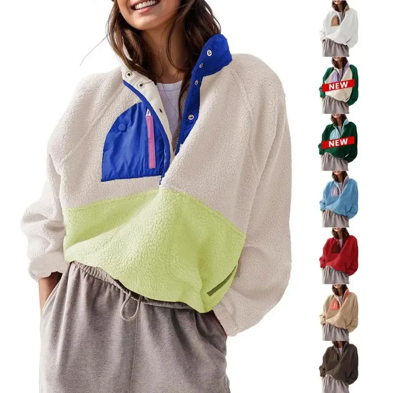 Women’s Lightweight FallFreshness Fleece Pullover Jacket Cropped Fall Winter Fuzzy Sherpa Jacket Sweatshirt Coat with Pockets(buy 2 free shipping)