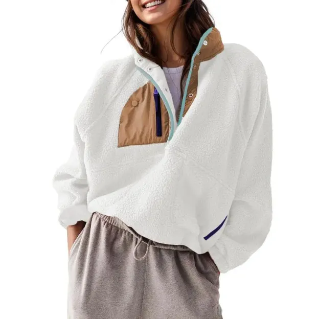 Women’s Lightweight FallFreshness Fleece Pullover Jacket Cropped Fall Winter Fuzzy Sherpa Jacket Sweatshirt Coat with Pockets(buy 2 free shipping)