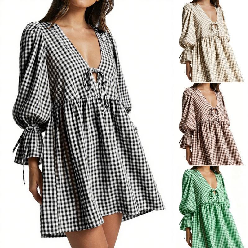 Women's Maternity Plaid Dress, Half Sleeve Bow Square Neck Loose Short Dress Pregnancy Clothes, Ladies Clothes for Indoor Outdoor Wear, Ladies Clothes for Daily Wear