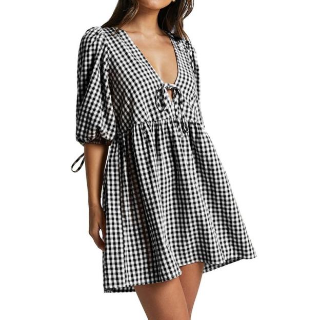 Women's Maternity Plaid Dress, Half Sleeve Bow Square Neck Loose Short Dress Pregnancy Clothes, Ladies Clothes for Indoor Outdoor Wear, Ladies Clothes for Daily Wear