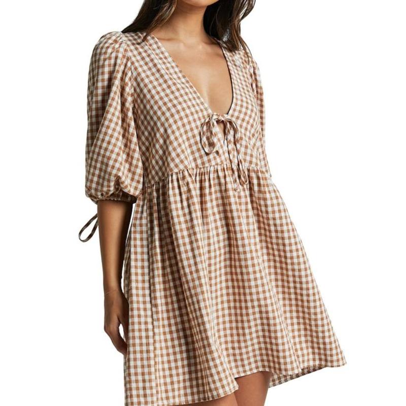 Women's Maternity Plaid Dress, Half Sleeve Bow Square Neck Loose Short Dress Pregnancy Clothes, Ladies Clothes for Indoor Outdoor Wear, Ladies Clothes for Daily Wear