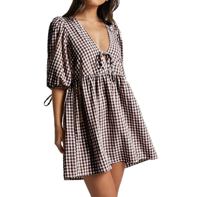 Women's Maternity Plaid Dress, Half Sleeve Bow Square Neck Loose Short Dress Pregnancy Clothes, Ladies Clothes for Indoor Outdoor Wear, Ladies Clothes for Daily Wear