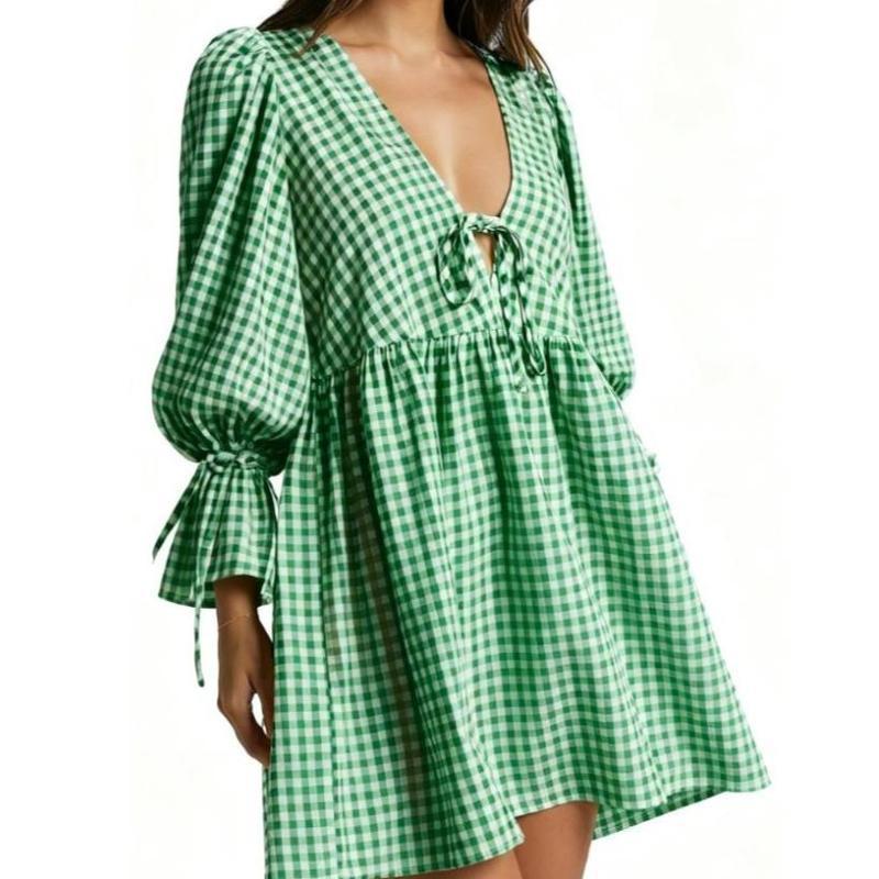 Women's Maternity Plaid Dress, Half Sleeve Bow Square Neck Loose Short Dress Pregnancy Clothes, Ladies Clothes for Indoor Outdoor Wear, Ladies Clothes for Daily Wear