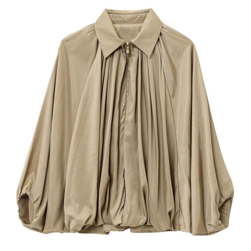 Womens Puffed Bomber Jacket Casual Batwing Sleeve Lapel Collar Zip Shirts Oversized Pleated Streetwear Jackets