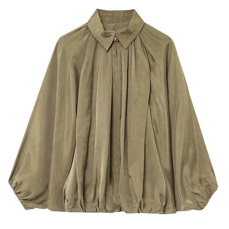 Womens Puffed Bomber Jacket Casual Batwing Sleeve Lapel Collar Zip Shirts Oversized Pleated Streetwear Jackets