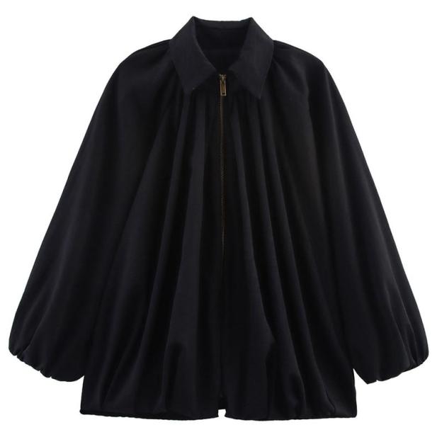 Womens Puffed Bomber Jacket Casual Batwing Sleeve Lapel Collar Zip Shirts Oversized Pleated Streetwear Jackets