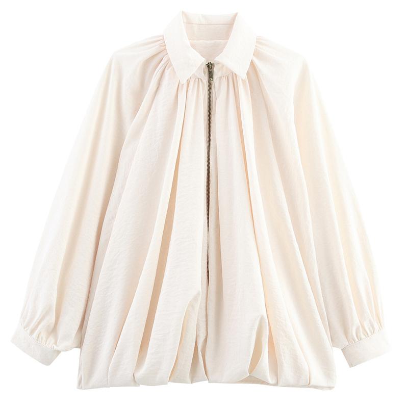 Womens Puffed Bomber Jacket Casual Batwing Sleeve Lapel Collar Zip Shirts Oversized Pleated Streetwear Jackets