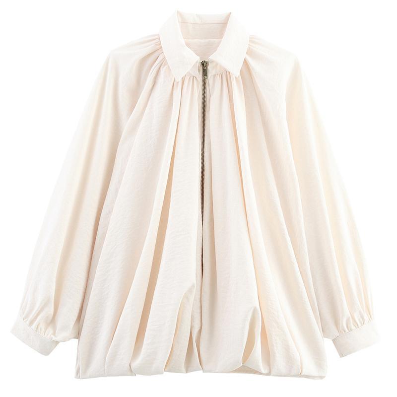 Womens Puffed Bomber Jacket Casual Batwing Sleeve Lapel Collar Zip Shirts Oversized Pleated Streetwear Jackets