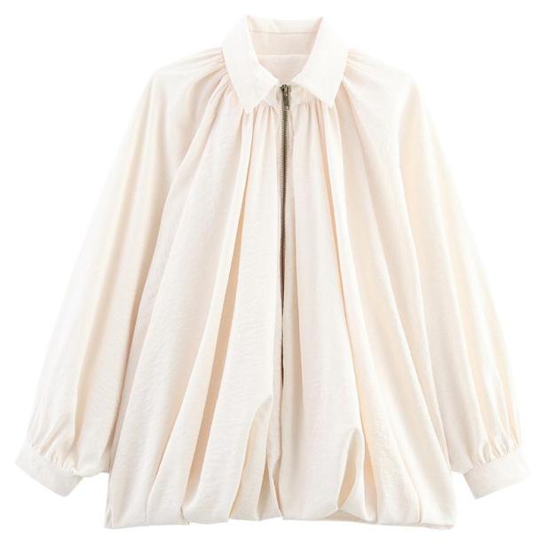 Womens Puffed Bomber Jacket Casual Batwing Sleeve Lapel Collar Zip Shirts Oversized Pleated Streetwear Jackets