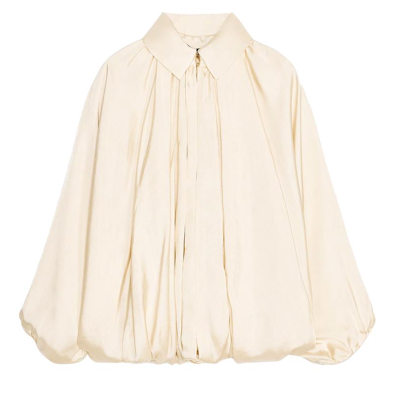 Womens Puffed Bomber Jacket Casual Batwing Sleeve Lapel Collar Zip Shirts Oversized Pleated Streetwear Jackets