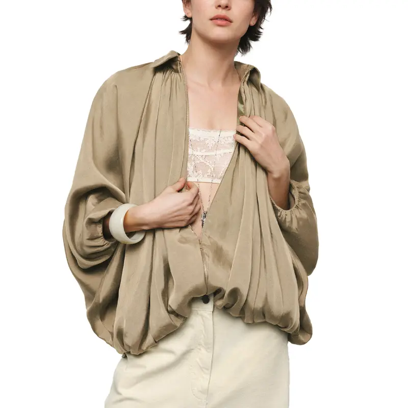 Womens Puffed Bomber Jacket Casual Batwing Sleeve Lapel Collar Zip Shirts Oversized Pleated Streetwear Jackets（buy 2 free shipping)