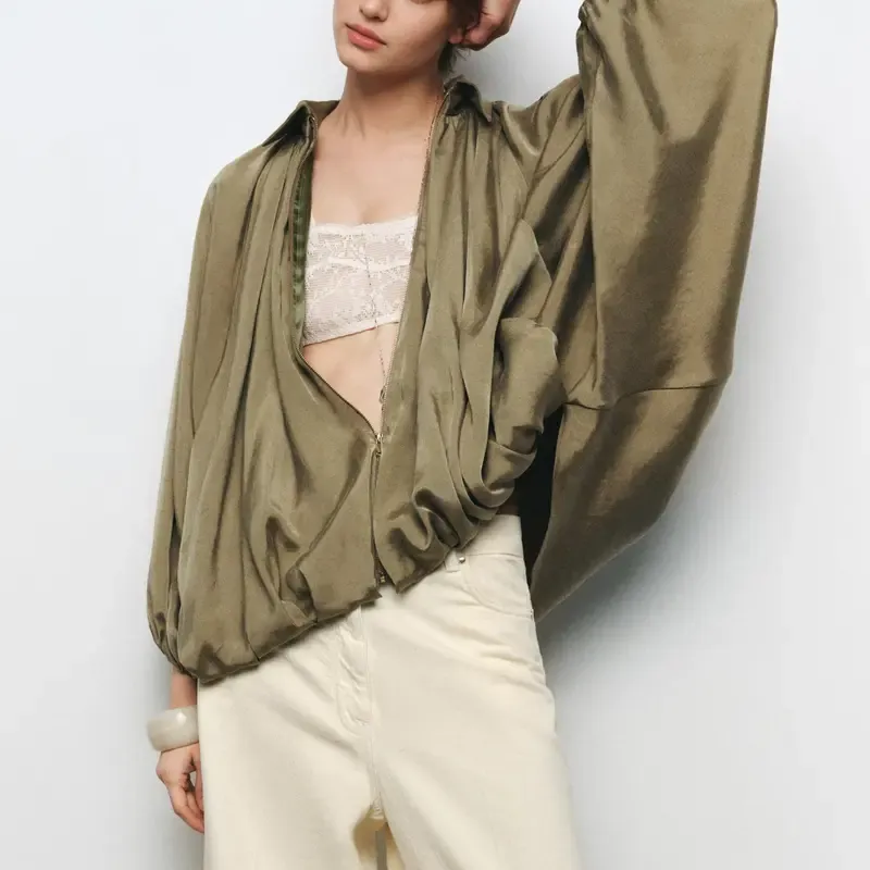 Womens Puffed Bomber Jacket Casual Batwing Sleeve Lapel Collar Zip Shirts Oversized Pleated Streetwear Jackets（buy 2 free shipping)