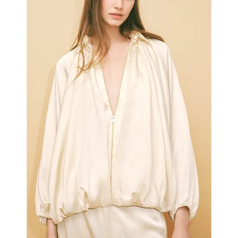 Womens Puffed Bomber Jacket Casual Batwing Sleeve Lapel Collar Zip Shirts Oversized Pleated Streetwear Jackets（buy 2 free shipping)