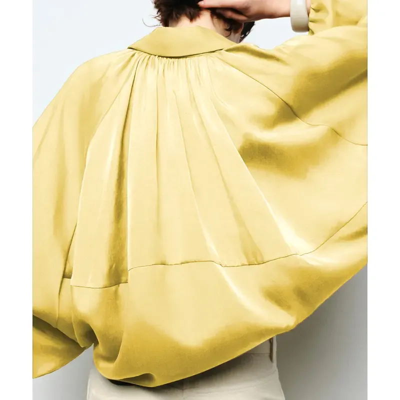 Womens Puffed Bomber Jacket Casual Batwing Sleeve Lapel Collar Zip Shirts Oversized Pleated Streetwear Jackets（buy 2 free shipping)