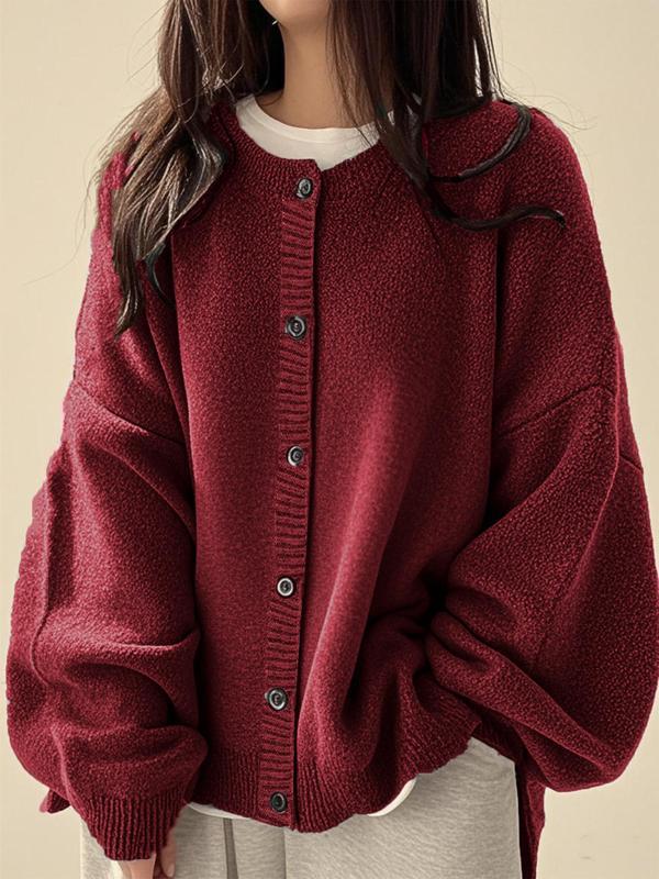 Women's Plain Button Front Knit Cardigan, Casual Long Sleeve Knitwear for Daily Wear, Ladies Clothes for All Seasons