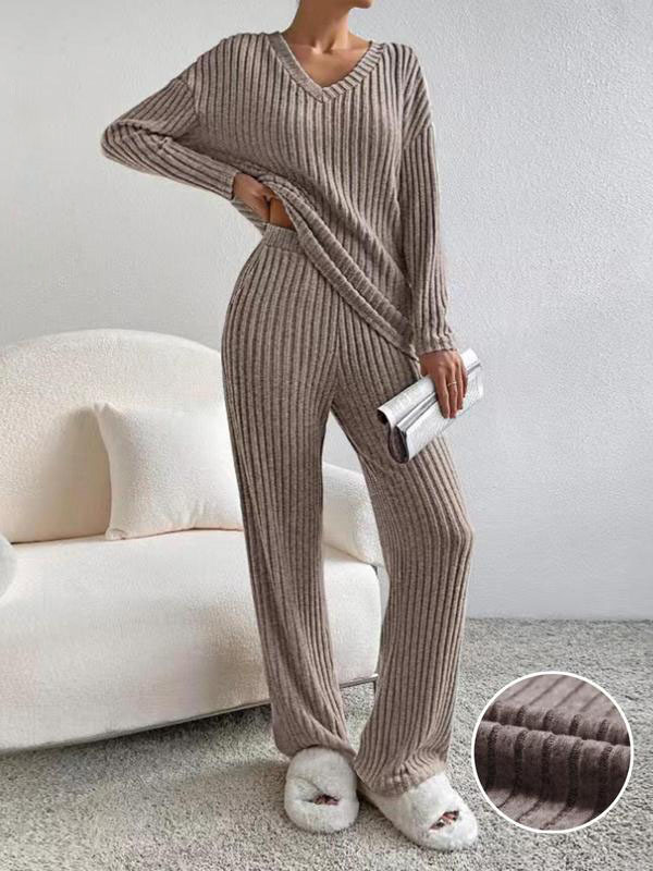 Women's Solid Drop Shoulder Pocket Lounge Set, Casual Long Sleeve V Neck Top & Straight Leg Pants Two-piece Set