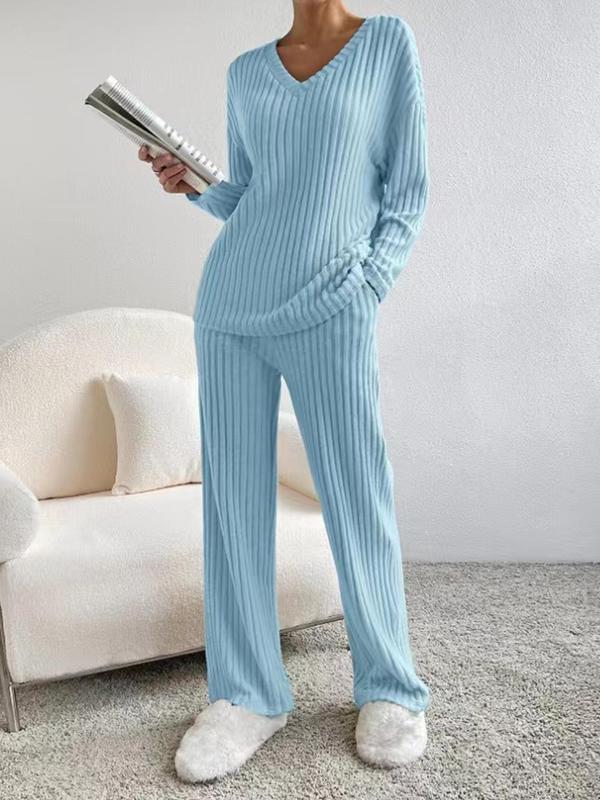 Women's Solid Drop Shoulder Pocket Lounge Set, Casual Long Sleeve V Neck Top & Straight Leg Pants Two-piece Set