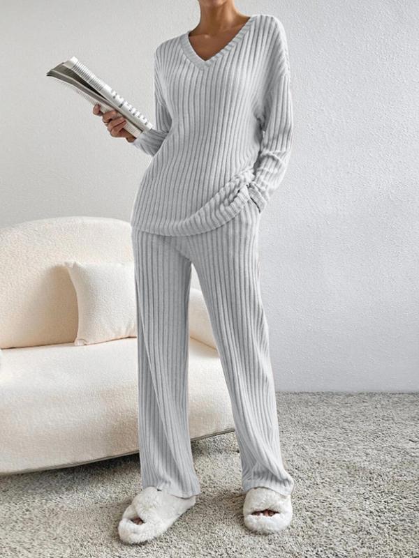 Women's Solid Drop Shoulder Pocket Lounge Set, Casual Long Sleeve V Neck Top & Straight Leg Pants Two-piece Set