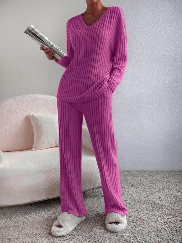 Women's Solid Drop Shoulder Pocket Lounge Set, Casual Long Sleeve V Neck Top & Straight Leg Pants Two-piece Set