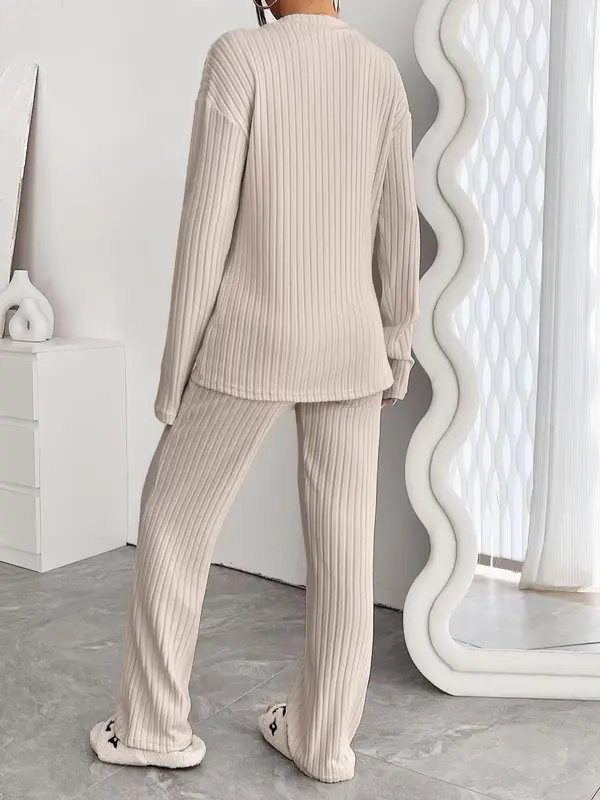 Women's Solid Drop Shoulder Pocket Lounge Set, Casual Long Sleeve V Neck Top & Straight Leg Pants Two-piece Set