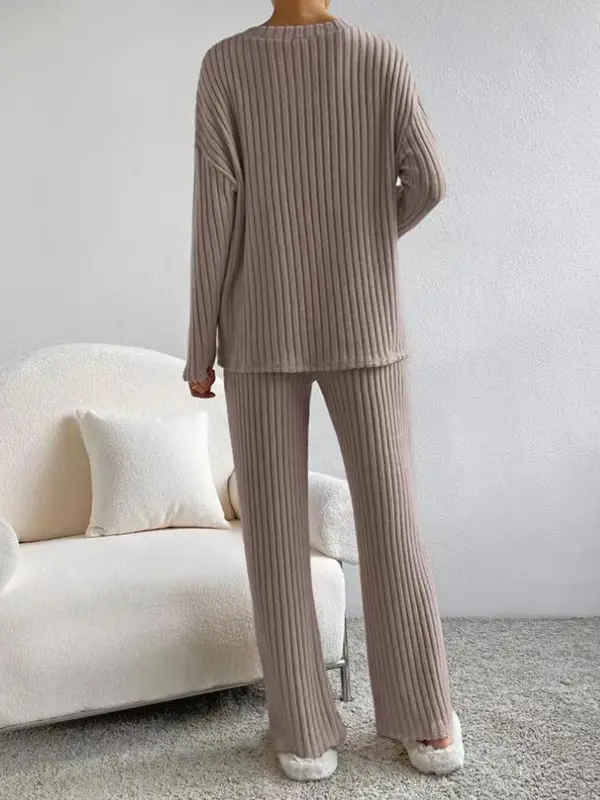 Women's Solid Drop Shoulder Pocket Lounge Set, Casual Long Sleeve V Neck Top & Straight Leg Pants Two-piece Set