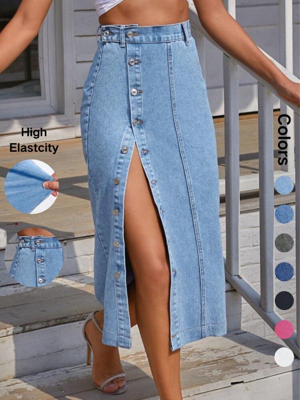 Women's Button Front Denim Skirt, Casual Fashion Skirt for Daily Wear, Ladies Bottoms for All Seasons