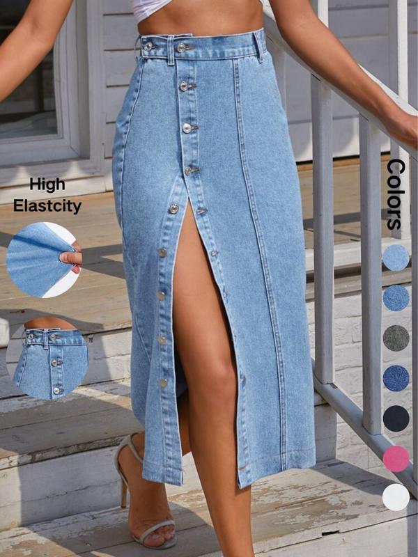 Women's Button Front Denim Skirt, Casual Fashion Skirt for Daily Wear, Ladies Bottoms for All Seasons