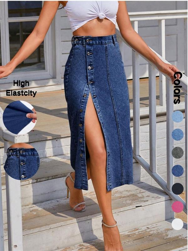Women's Button Front Denim Skirt, Casual Fashion Skirt for Daily Wear, Ladies Bottoms for All Seasons