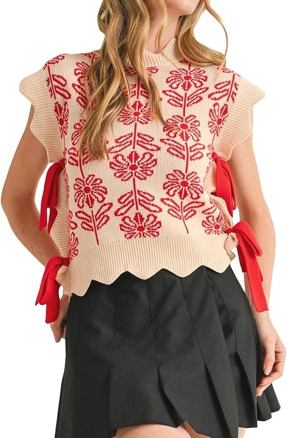 Women's Floral Side Tie Cap Sleeve Crew Neck Knit Vest（BUY 2 FREE SHIPPING)